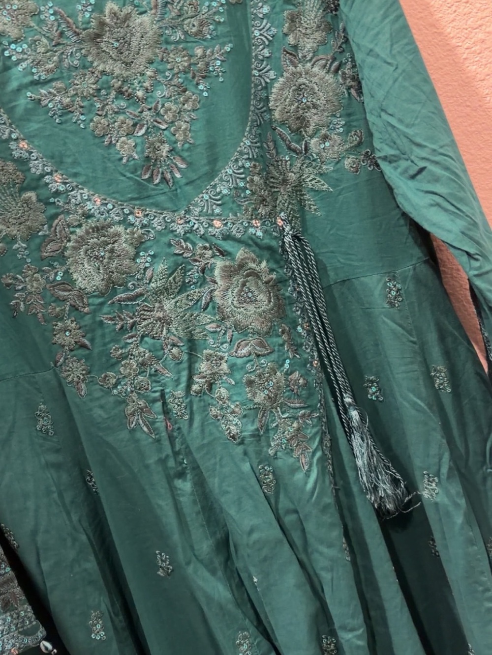 Embroidered Teal Long-Sleeve Women’s Dress with Tassel Detail